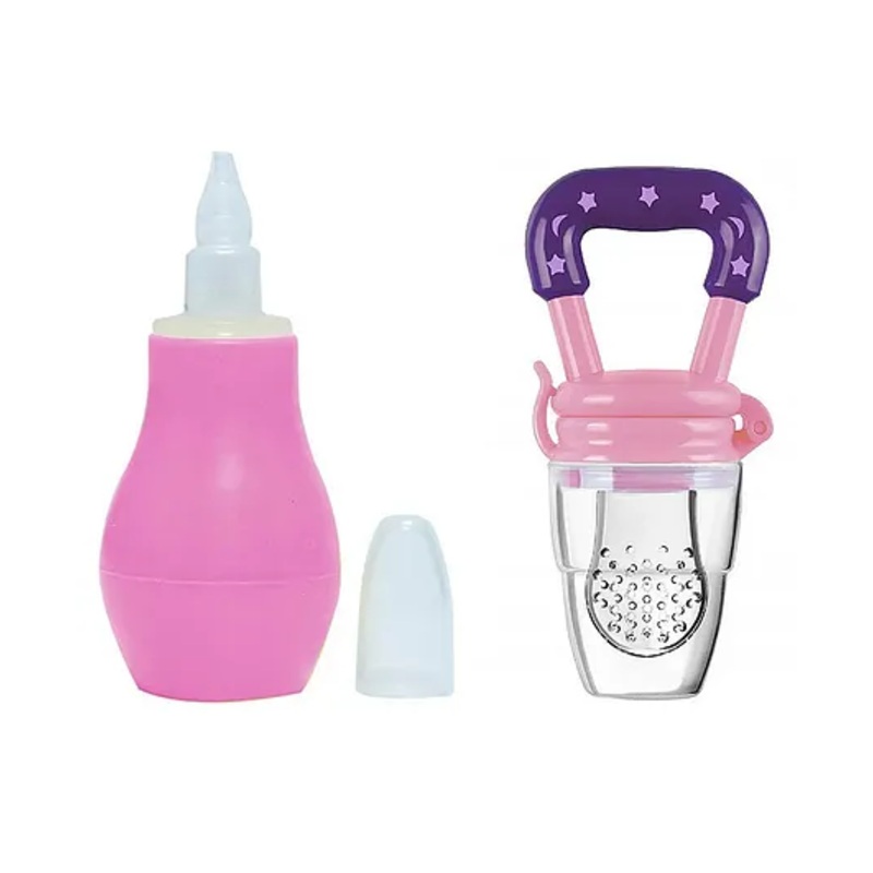 Baby Miniature Silicone Pink Nose Cleaner Nasal Aspirator with Silicone Fruit and Food Nibbler Pacifier for Babies