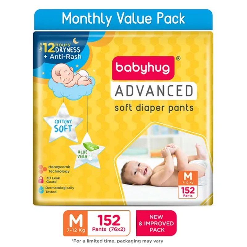 Babyhug Advanced Pant Style Diapers Medium (M) Size Monthly Box Pack – 152 Pieces, Honeycomb Technology, Cottony Soft Diaper with 3D Leak Guard, Latex & Alcohol Free, Anti-rash & Gentle