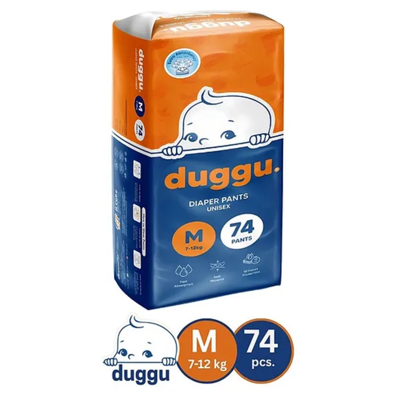 Duggu Baby Diaper Pants | Feather-Like Cotton Feel | Up to 10-Hour Absorption | Soft Elastic Waistband | Highly Absorbent | Medium | 7-12 KG | Pack of 1 – 74 Diapers