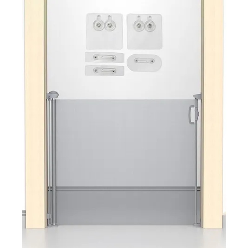Expandable Mesh Safety Gate for Kids  Retractable Baby Gate with Glass Mounting  Hallway & Door Barrier Fence (Grey, 90cm High, 180cm Wide)