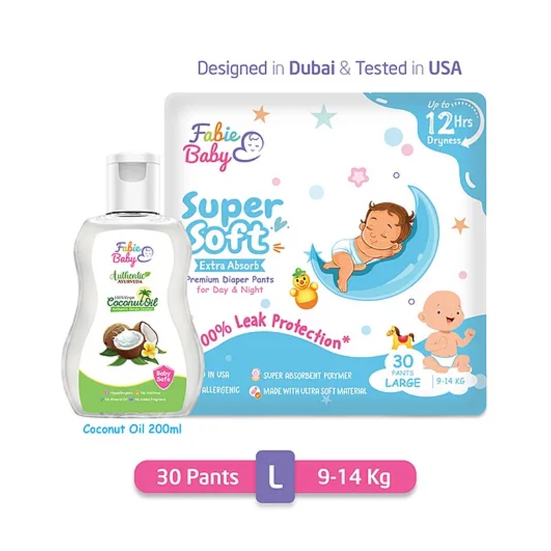 Fabie Baby Premium 12 Hrs Protection Diaper Pants Large (30Pcs) & Coconut Oil (200ml) Combo – Pack of 2