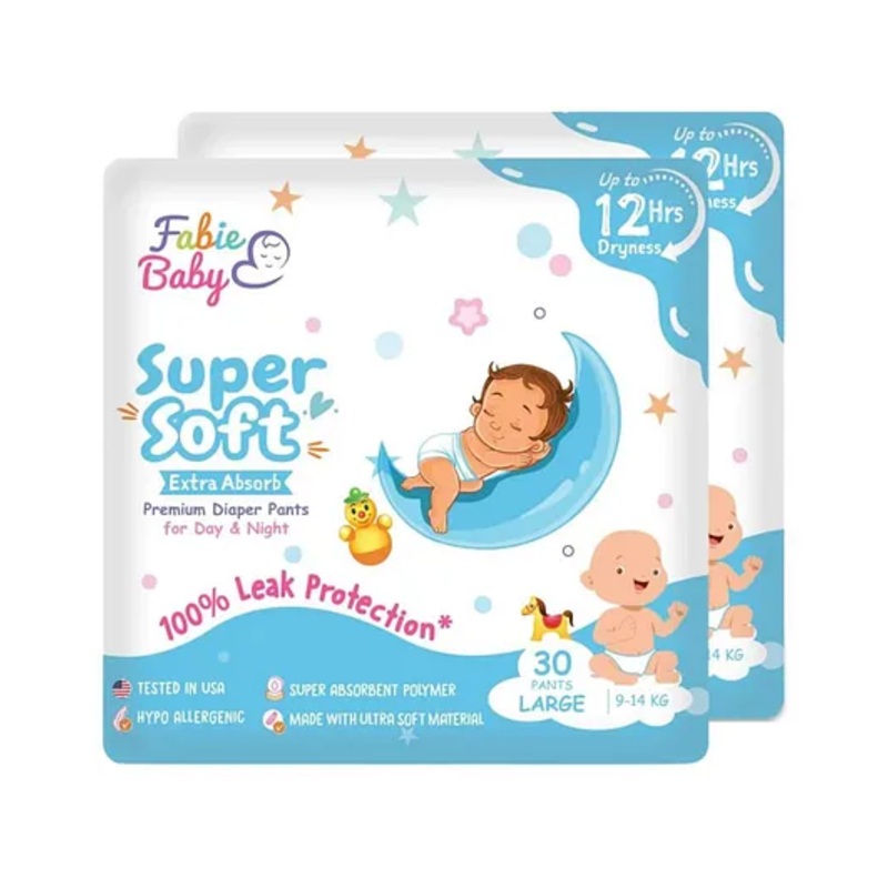 Fabie Baby Premium Diapers Large Size (30Pcs) 12 Hours Absorption Anti Rash diapers & Tested In USA – Pack of 2
