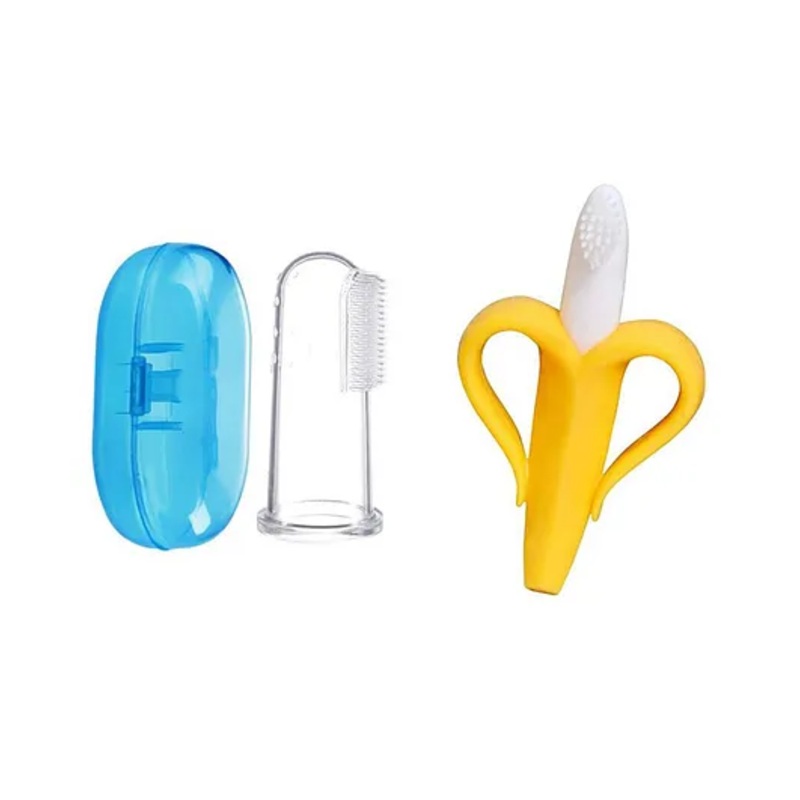 Kritiu Soft Sillicone Fingure Toothbrush & Banana Shape Toothbrush Combo – Blue & Yellow