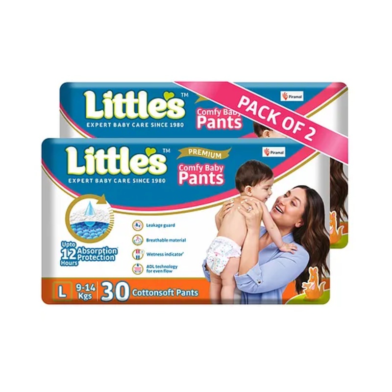 Little’s Baby Diapers L Size (Large) Pants Style | 9-14 kg | 60 Count – Pack of 2 | CottonSoft Baby Diaper with Leakage Guard, Wetness Indicator & 12 Hours Absorption