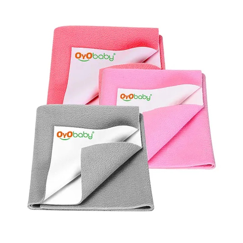 OYO BABY Anti-Piling Fleece Extra Absorbent Instant Dry Sheet, Baby Bed Protector, Waterproof Sheet, Small (70cm x 50cm), Pack of 3 – salmon Rose + Pink + Grey