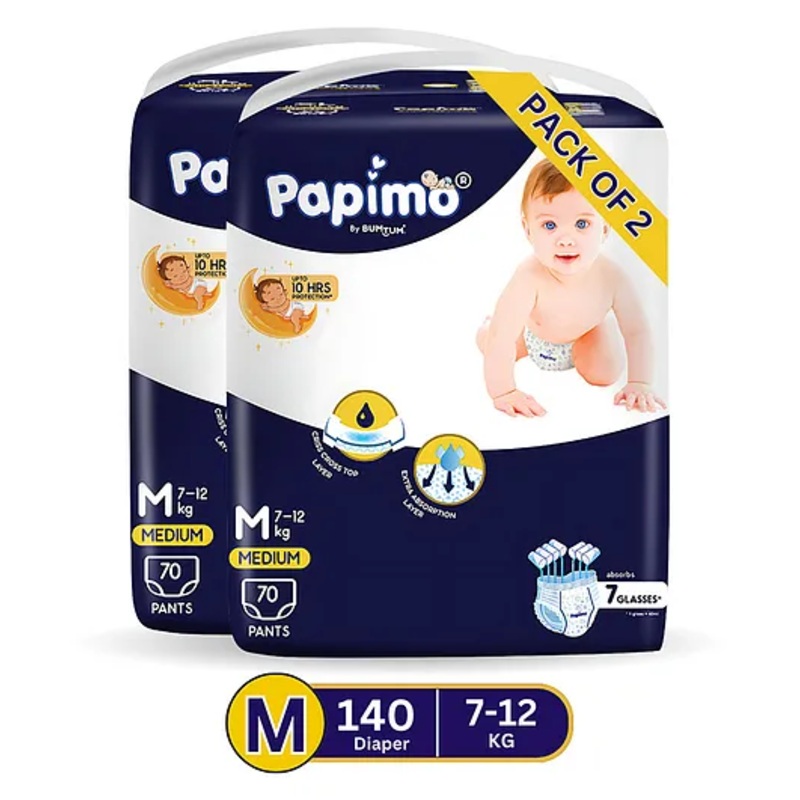 Papimo Baby Diaper Pants  | 12 Hours Absorption with Criss-Cross Technology | Cottony Soft & Breathable | Aloe Vera Infused | Wetness Indicator | Medium (7-10 KG) | Pack of 2 (140 Diapers)