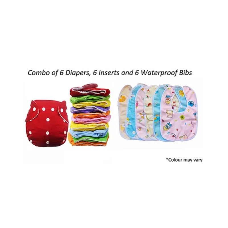 Tiny Tycoonz Pack of 6 Reusable and Washable Diapers with 6 Microfiber extra absorvent seven layers Inserts and 6 Waterproof Bibs