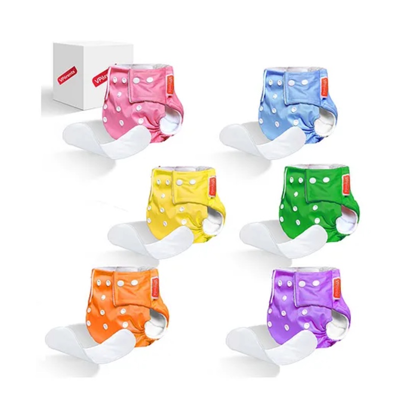 VParents Solid Washable Baby Cloth Diaper Reusable Adjustable Size Waterproof Pocket Cloth Diaper Nappie With Insert Pack of 6 – Multicolour