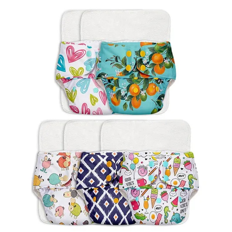 BASIC Freesize Adjustable Washable and Reusable Cloth Diaper with Inserts Pack of 5 – Assorted Prints