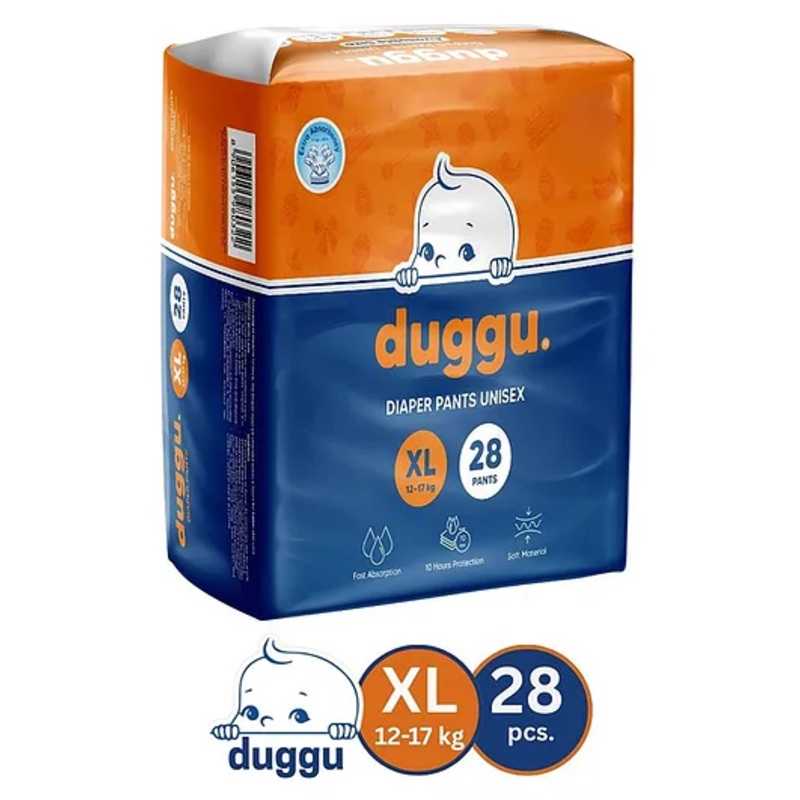Duggu Baby Diaper Pants | Feather-Like Cotton Feel | Up to 10-Hour Absorption | Soft Elastic Waistband | Highly Absorbent | Extra Large | 12-17 KG | Pack of 1 – 28 Diapers