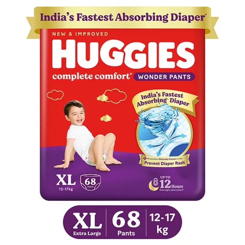 Huggies Complete Comfort Wonder Pants, India’s Fastest Absorbing Diaper | XL Size, 68 Diapers