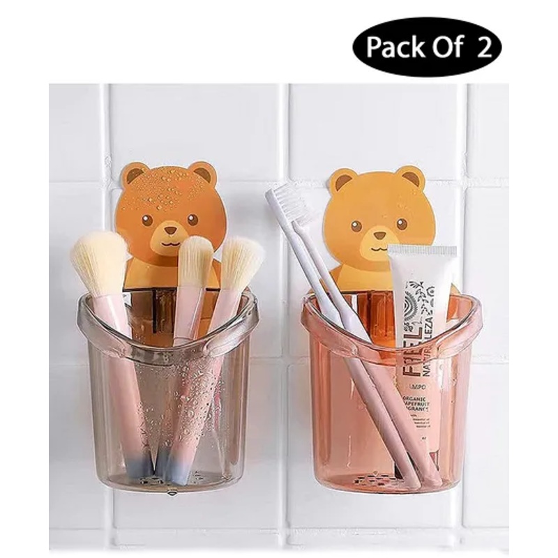 Mihar Essentials Toothbrush Holder Shelf Wall Mounted with Self Adhesive Teddy Bear Magic Sticker -Pack Of 2