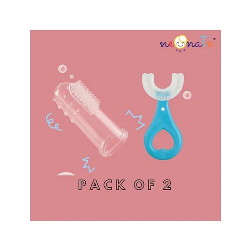 NeonateCare Soft Silicone Finger Toothbrush with U Shape Soft Bristles Brush for Kids Pack Of 2- (white finger brush, Blue u shape brush)