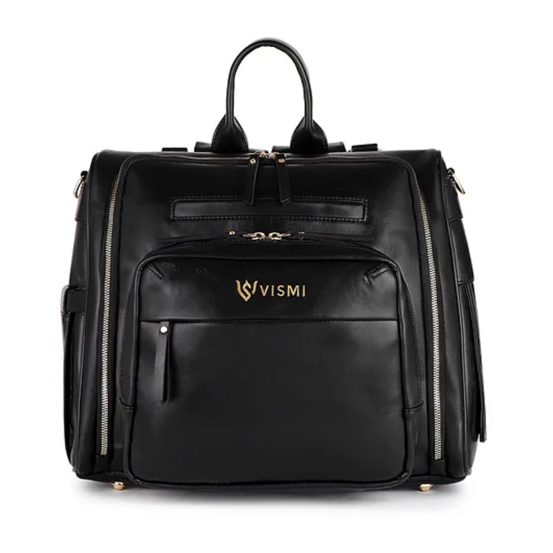 VISMIINTREND Diaper Backpack Bags for Women & Baby Solid Vegan Leather Multi- Compartment Maternity Backpack Travel, Hospital Visit Baby Diaper Bags with Detachable Strap, Trolley Sleeve – Black