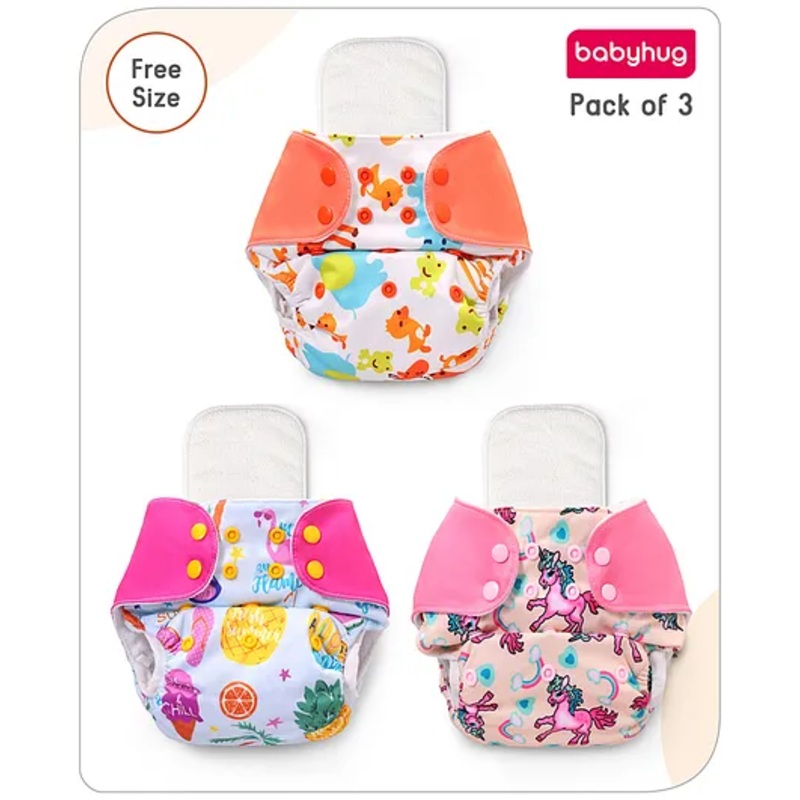 Babyhug Free Size Reusable Cloth Diaper With Inserts & Contrast Flap Pack of 3 – Pink & Orange