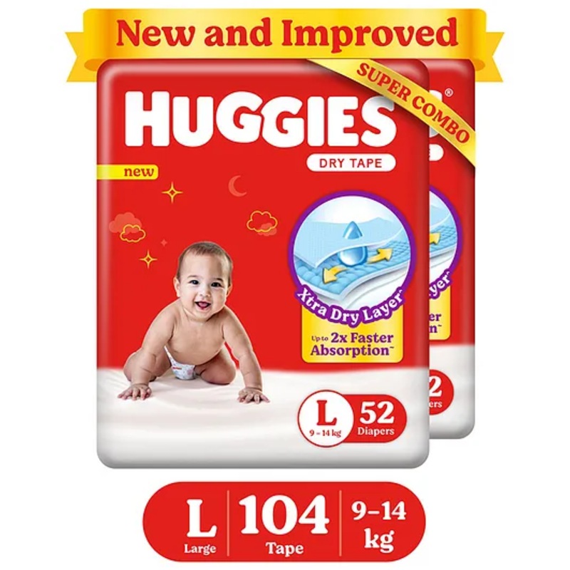 Huggies Dry Tape | Adjustable Tape Style Diapers, Large (L) Size (9-14 Kgs), Combo Pack of 104 | Up To 2X Faster Absorption, Up To 12 Hours Overnight Absorption
