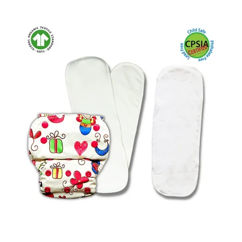 Kindermum Baby Doodle Nano Pro Aio Cloth Diaper With 2 Organic Inserts And Power Booster – Multicolour