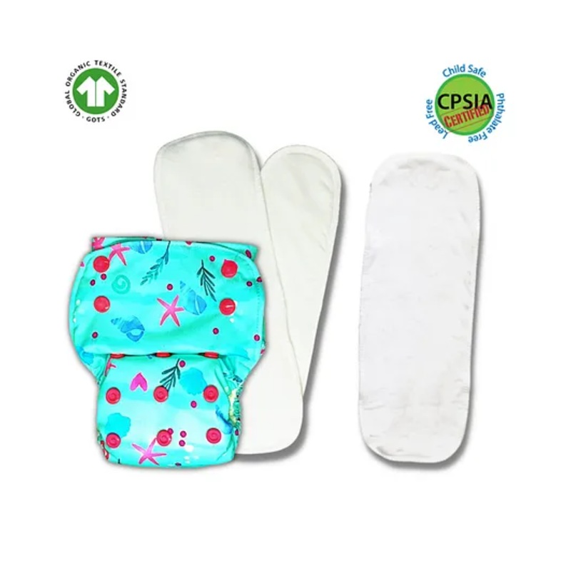 Kindermum Sea Shore Nano Pro Aio Cloth Diaper With 2 Organic Inserts And Power Booster- Multicolour