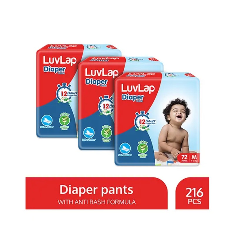 LuvLap Pant Style Baby Diapers, Medium (MD), Pack of 3, 216 Pants, Aloe Vera Lotion, 12hr Protection, White