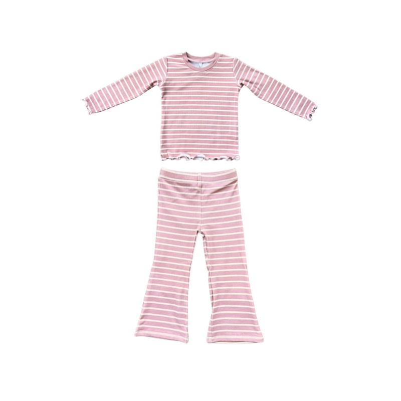 Lettuce Hem Top + Flare Pants Set – Misty Rose Stripe