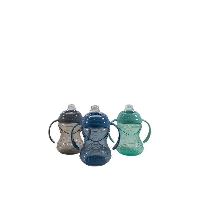 Nuby Two Handle No Spill Toddler Sippy Cups, 3 Pack, Grey, Blue, Aqua