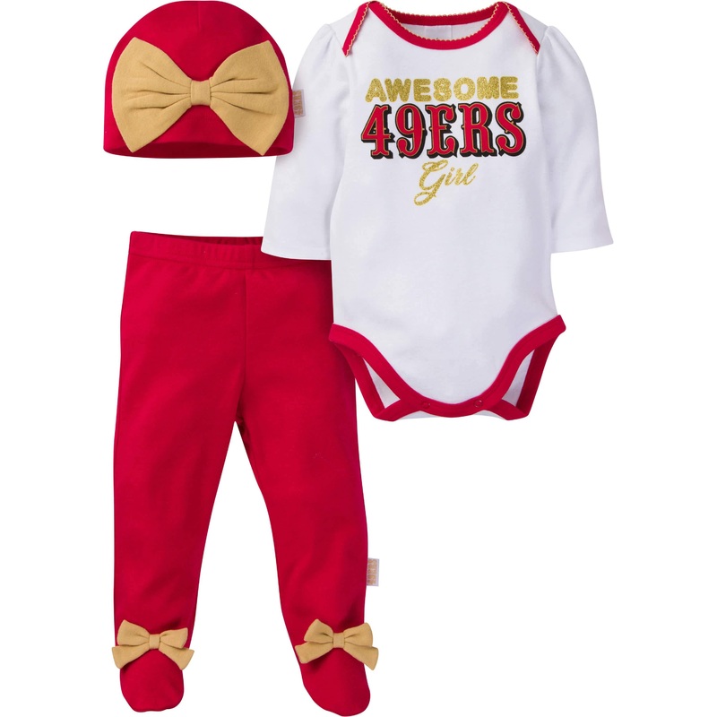 3-Piece Baby Girls 49ers  Bodysuit, Footed Pant, & Cap Set