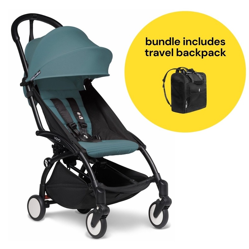 Babyzen YOYO2 Ultra Compact 6+ Stroller + Travel Backpack Bundle – Black / Aqua