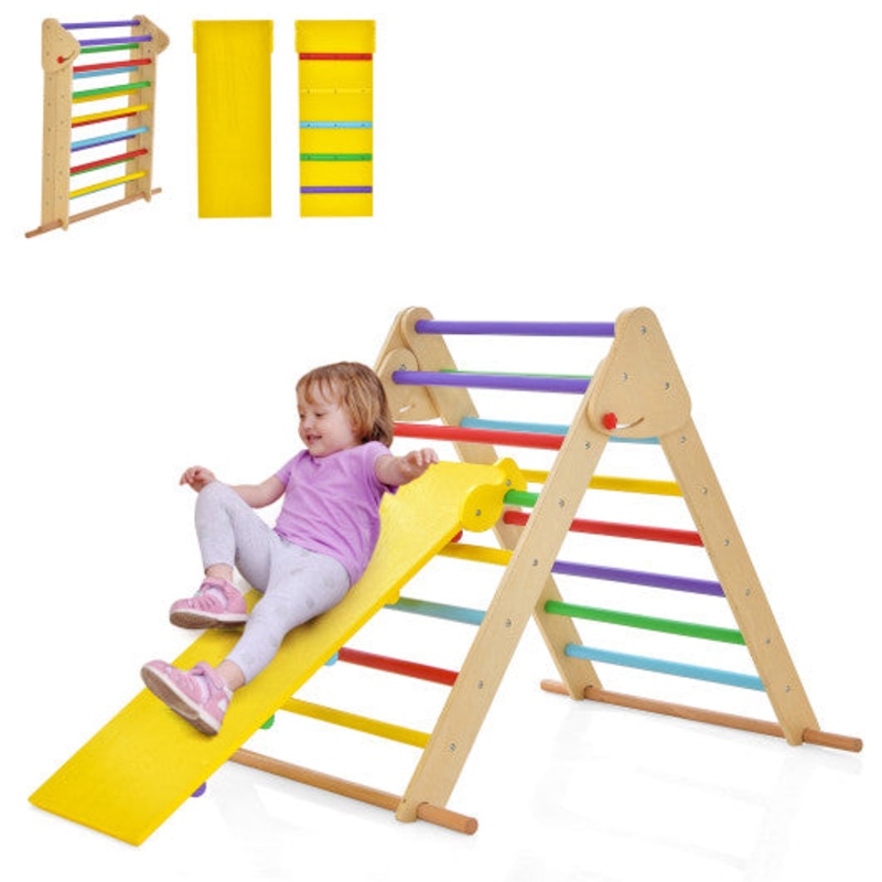 Kids Climbing Triangle Set With Adjustable and Reversible Ramp-Multicolor