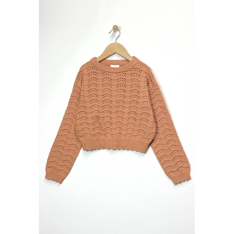Heart And Arrow Crew Neck Wavy Pointelle Sweater