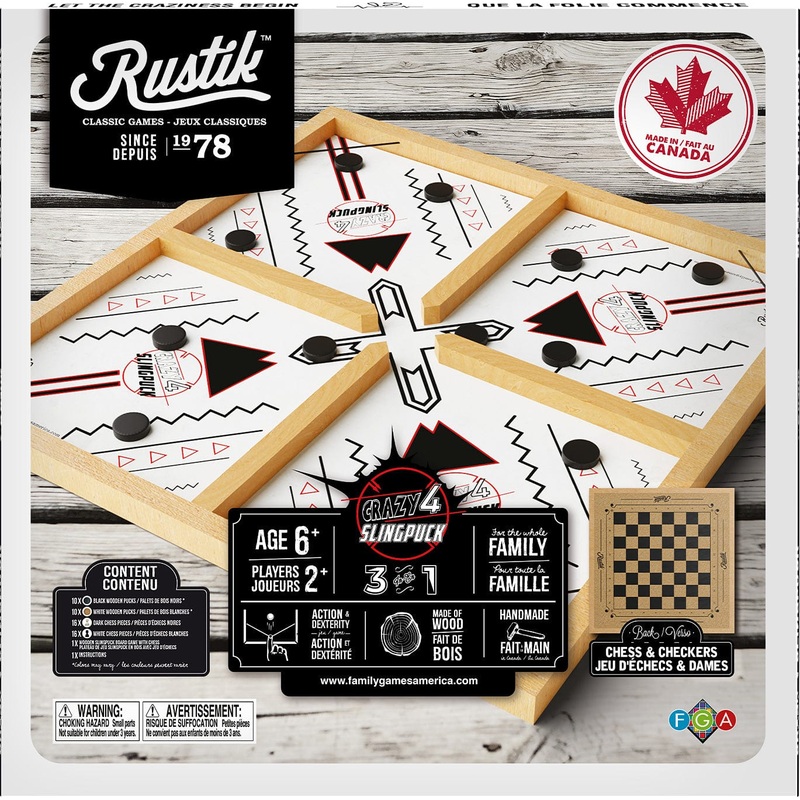 Rustik Crazy 4 Slingpuck 3-in-1 Game Board (with Chess & Checkers)
