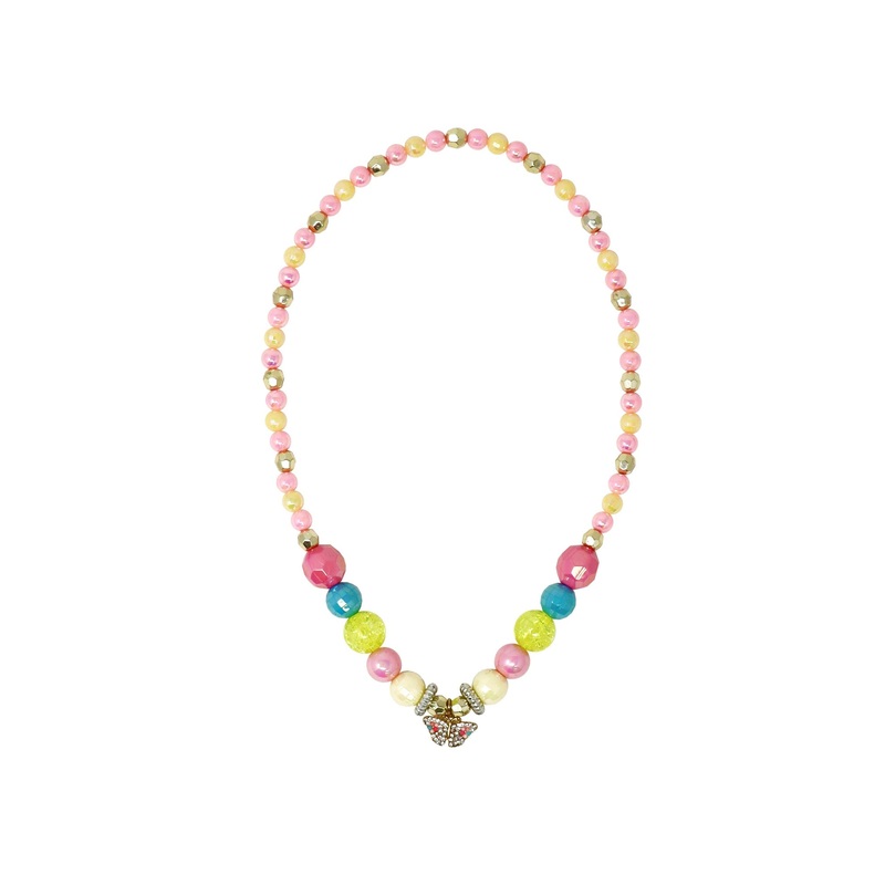 Pink Poppy Necklace Rhinestone Butterfly Charm