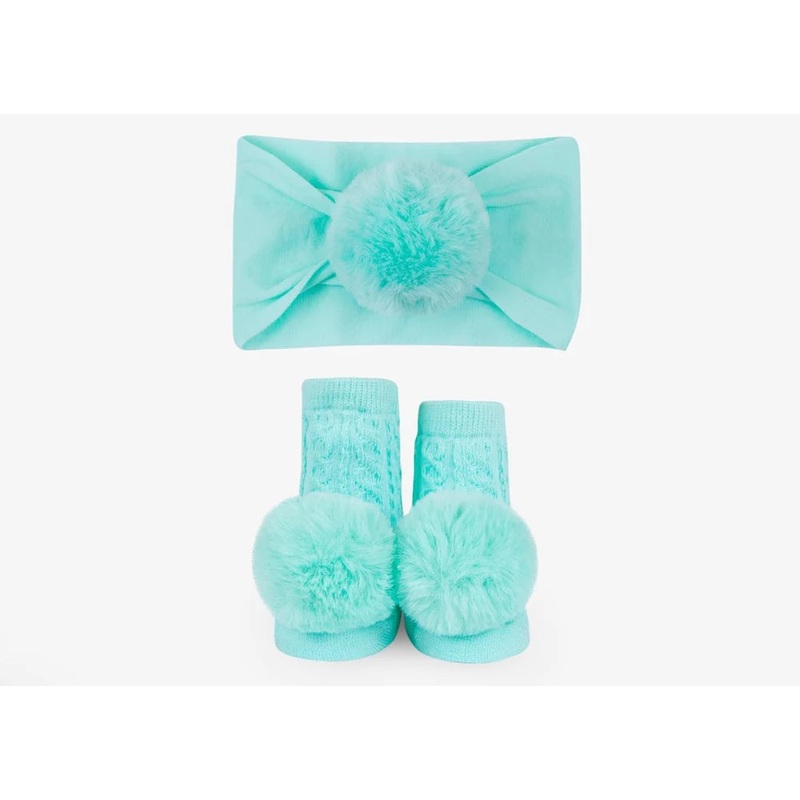 Waddle Baby Headband & Rattle Pom Sock Set | Aqua 0-12M