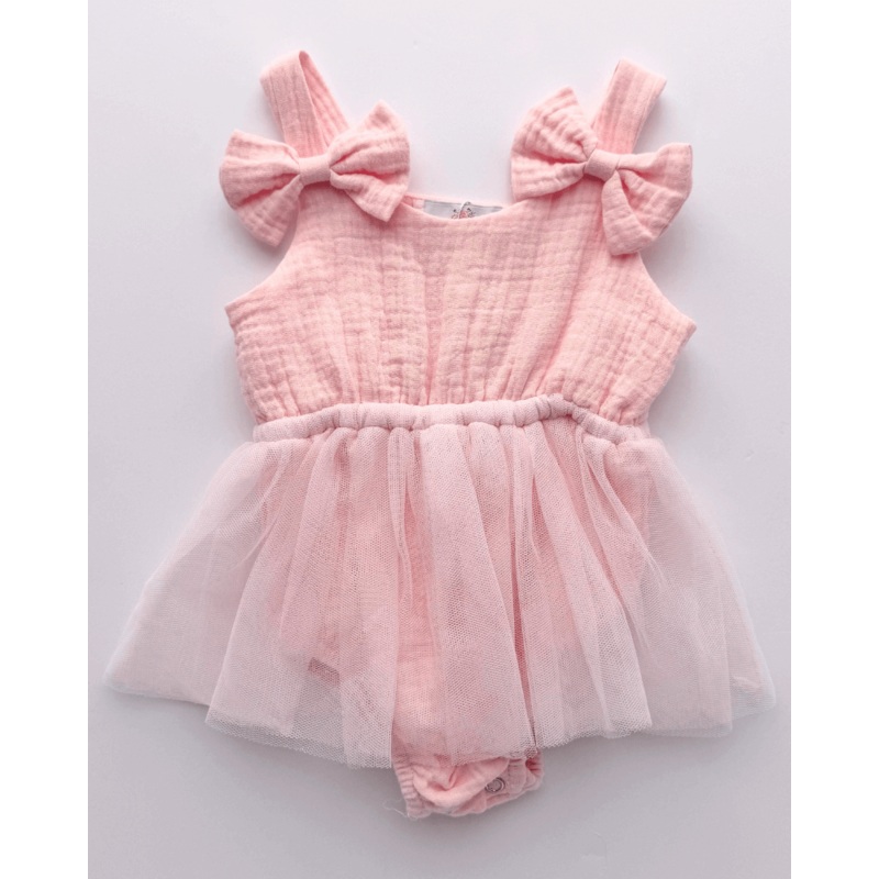 Dawsyn Bow Front Tulle Bubble Romper – Strawberry Ice 0-3months