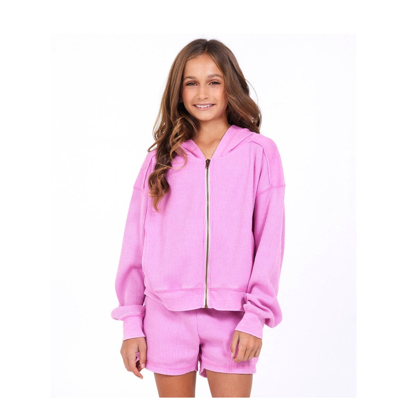 Vintage Havana Basic Burnout Thermal Full Zip Hoodie And Short Set S Pink