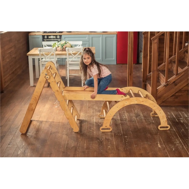 3in1 Montessori Climbing Set: Triangle Ladder + Wooden Arch + Slide Board  Beige