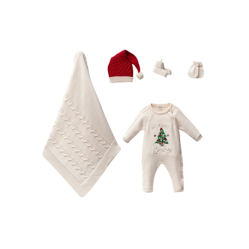 Baby’s Christmas Tree Knitwear Outfit (5 Pcs ) 0-3 M Cream