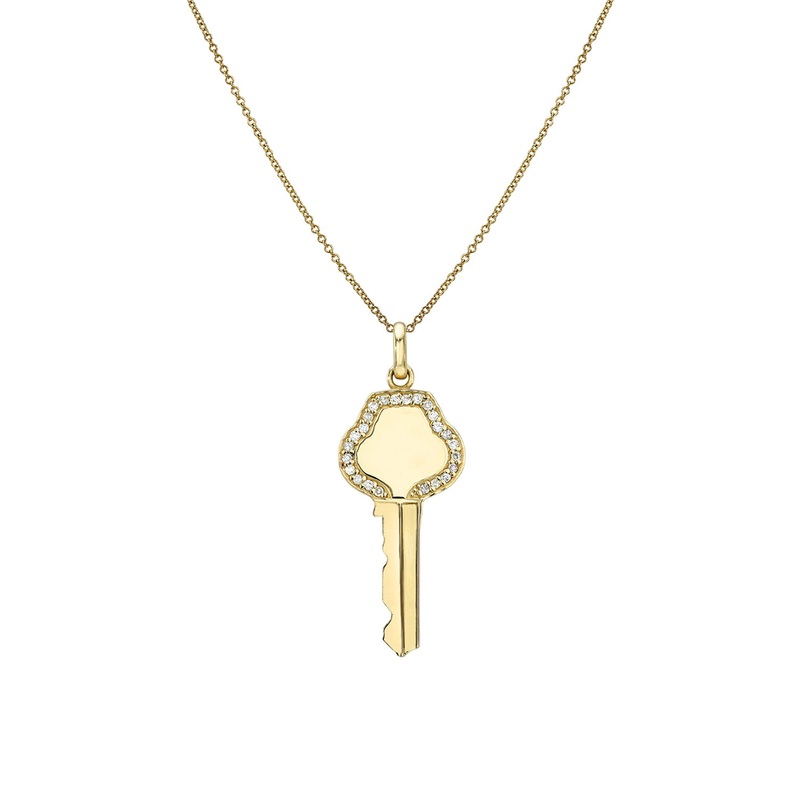Diamond Framed Key Necklace 14K Yellow Gold 16″