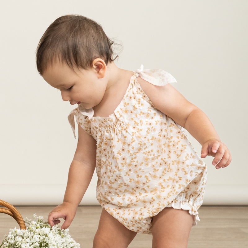 Organic Tie Shoulder Bubble Romper – Gardenia 0-3M