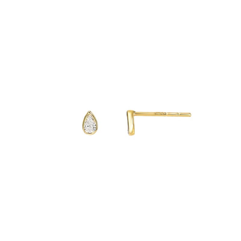 Pear Bezel Diamond Stud Earrings Single 14K Yellow Gold