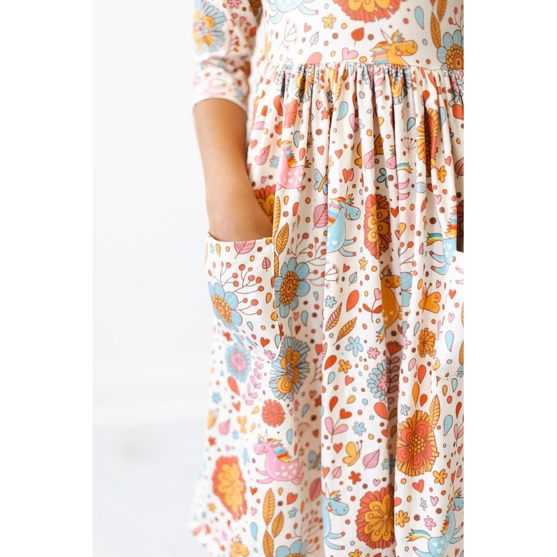 Retro Unicorns 3/4 Sleeve Pocket Twirl Dress 6-12M