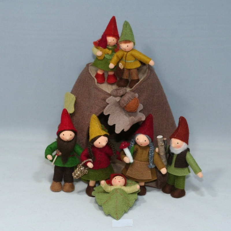 Sale Forest Gnome Family (3.5″) with Oak Tree Stump House | Light Skin Tone | Set of 7 Dolls