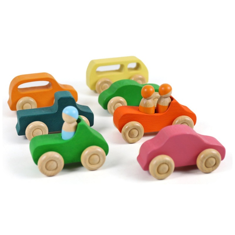 7 Pcs Colored Wooden Rainbow Cars Set With 3 Pcs Peg Dolls