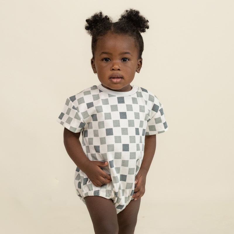 Organic Short Sleeve Bubble Romper – Chequered 0-3M