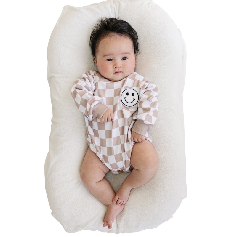 Bubble Romper | Checkered Smiley Latte 0-3M