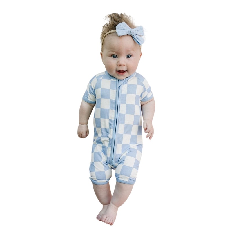 Bamboo Shorty Romper | Blue Checkered 0-3M