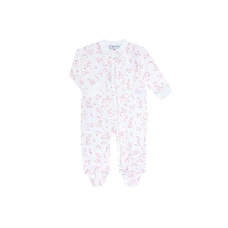 Pink Bunny Toile Zipper Footie Pink New Born