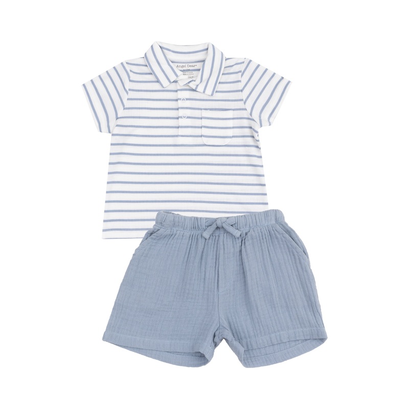 Polo Shirt And Muslin Short – French Stripe Dusty Blue 6-12M