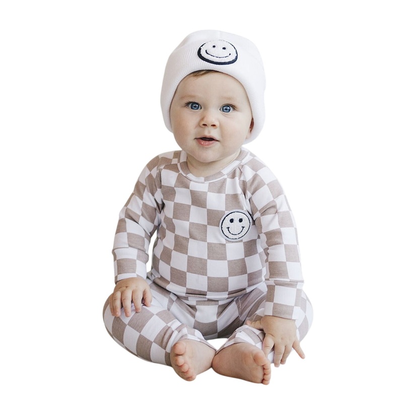 Checkered Smiley Lounge Set | Latte 0-3M