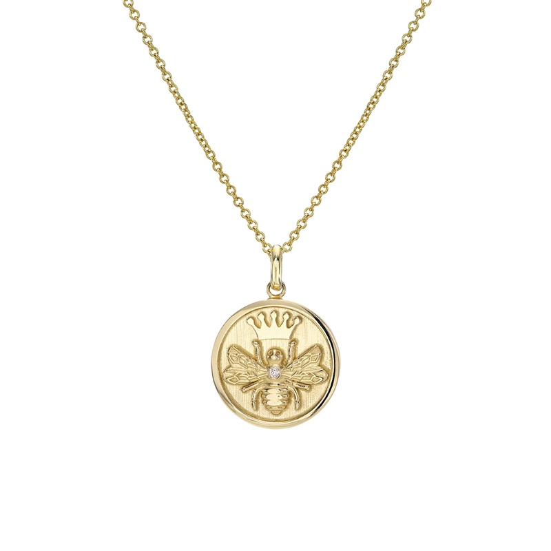 14k Gold Diamond Queen Bee Medallion Necklace 14K Yellow Gold 16″