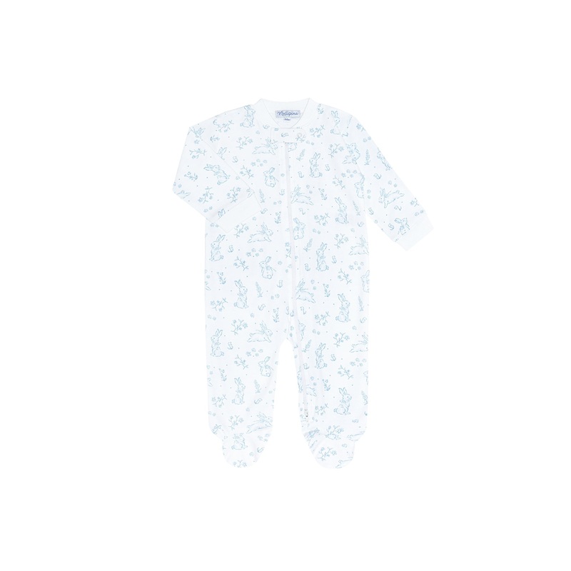 Blue Bunny Toile Zipper Footie Blue New Born
